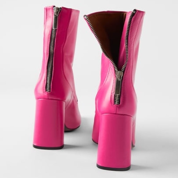 Zara Leather Heeled Ankle Boots w/ Narrow Shaft Pink Color Block NEW. - Picture 8 of 8